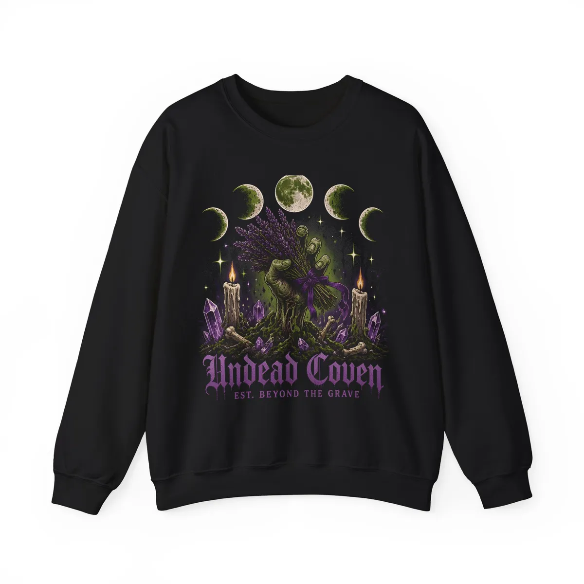 Undead Coven Witchcore Sweatshirt: Row of five moon phases over a pale-green zombie hand clutching a bundle of lavender and sage tied with a purple ribbon, bone sparkles, Undead / Coven in lavender gothic