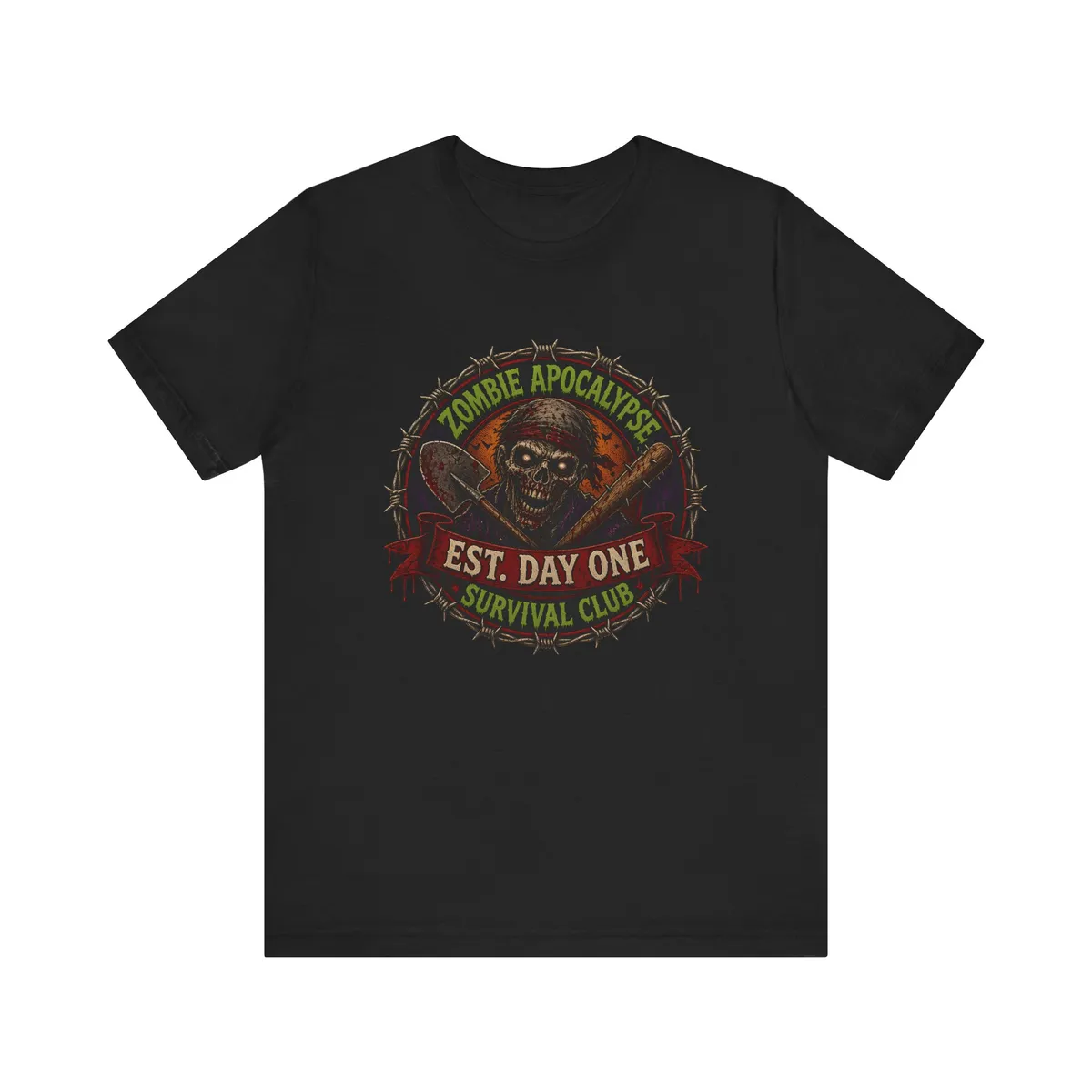 Zombie Apocalypse Survival Club Tee: Round club patch: toxic-green ring with ZOMBIE APOCALYPSE / SURVIVAL CLUB set on an arc, a bone skull over a crossed shovel and nail-studded bat, red ribbon EST