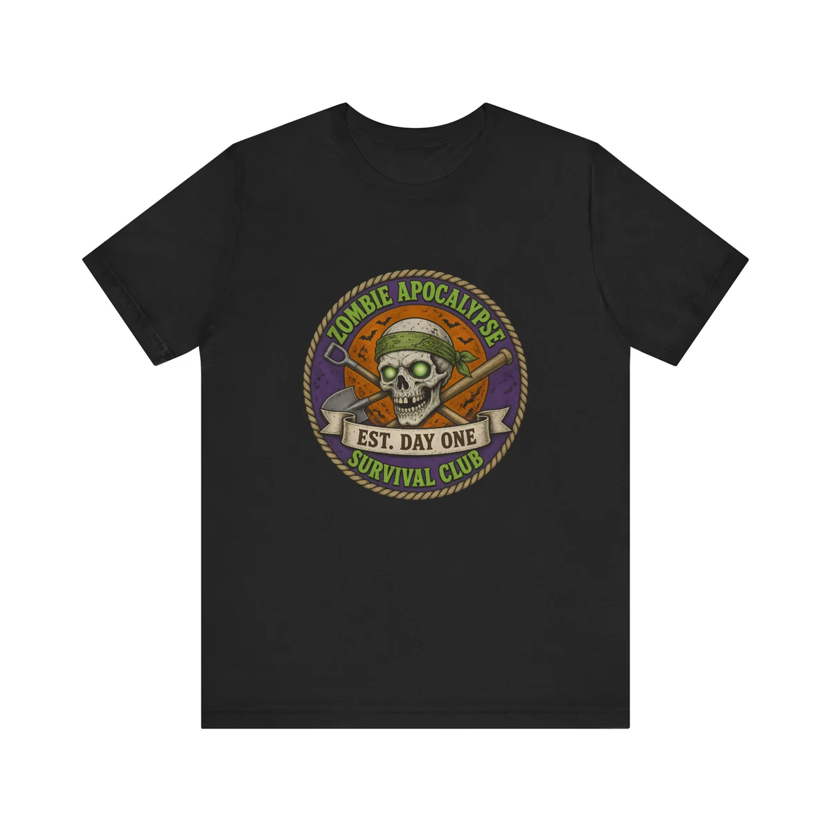 Zombie Apocalypse Survival Club Tee: Round club patch: rope-trimmed purple ring with ZOMBIE APOCALYPSE / SURVIVAL CLUB in green, a grinning skull in a green bandana over a crossed shovel and baseball bat on an orange moon, cream EST. DAY ONE ribbon
