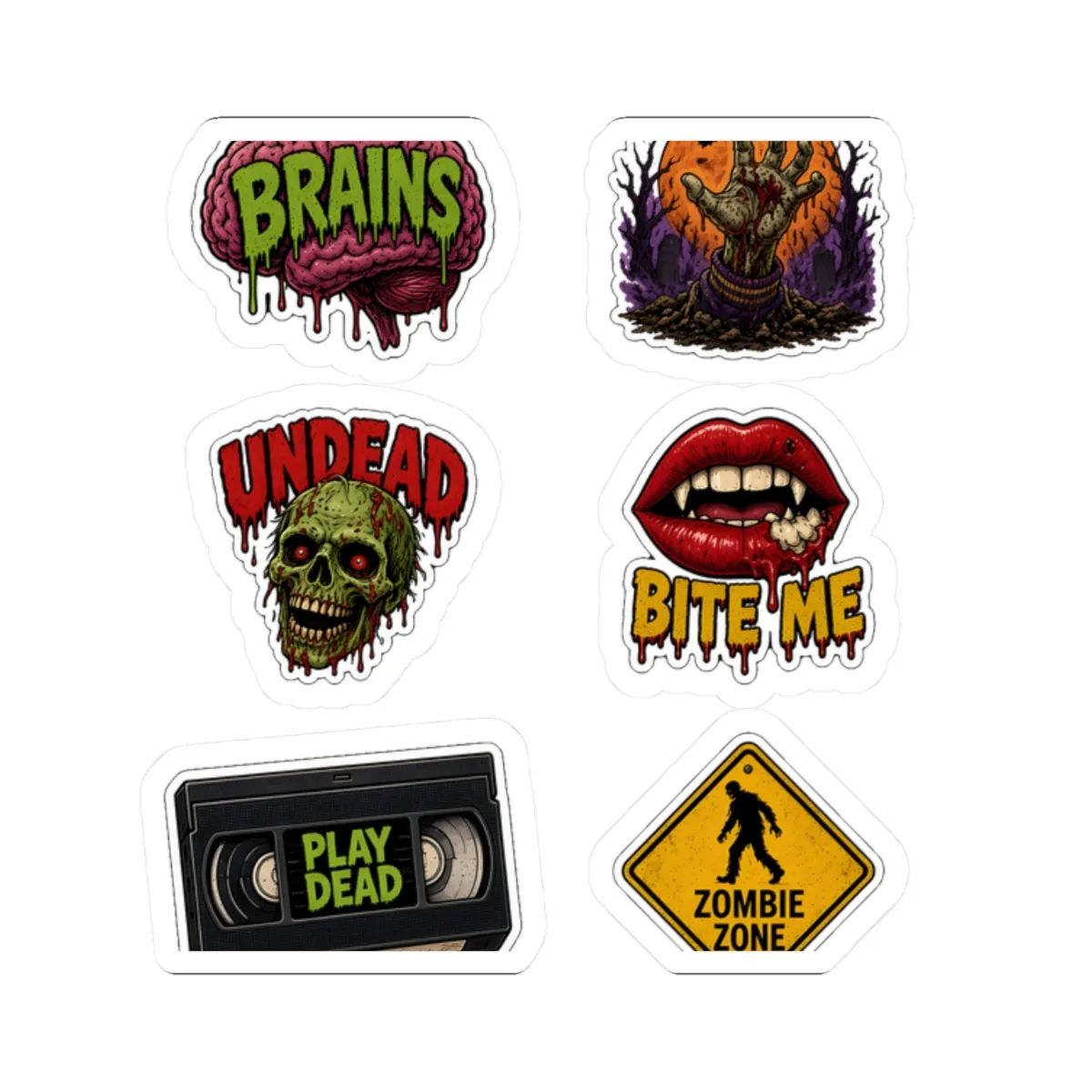 Zombie Survival Kit Sticker Sheet: Six kiss-cut stickers: BRAINS (pink brain), graveyard hand at full moon, UNDEAD skull, BITE ME, PLAY DEAD VHS tape, and a yellow ZOMBIE ZONE diamond road sign