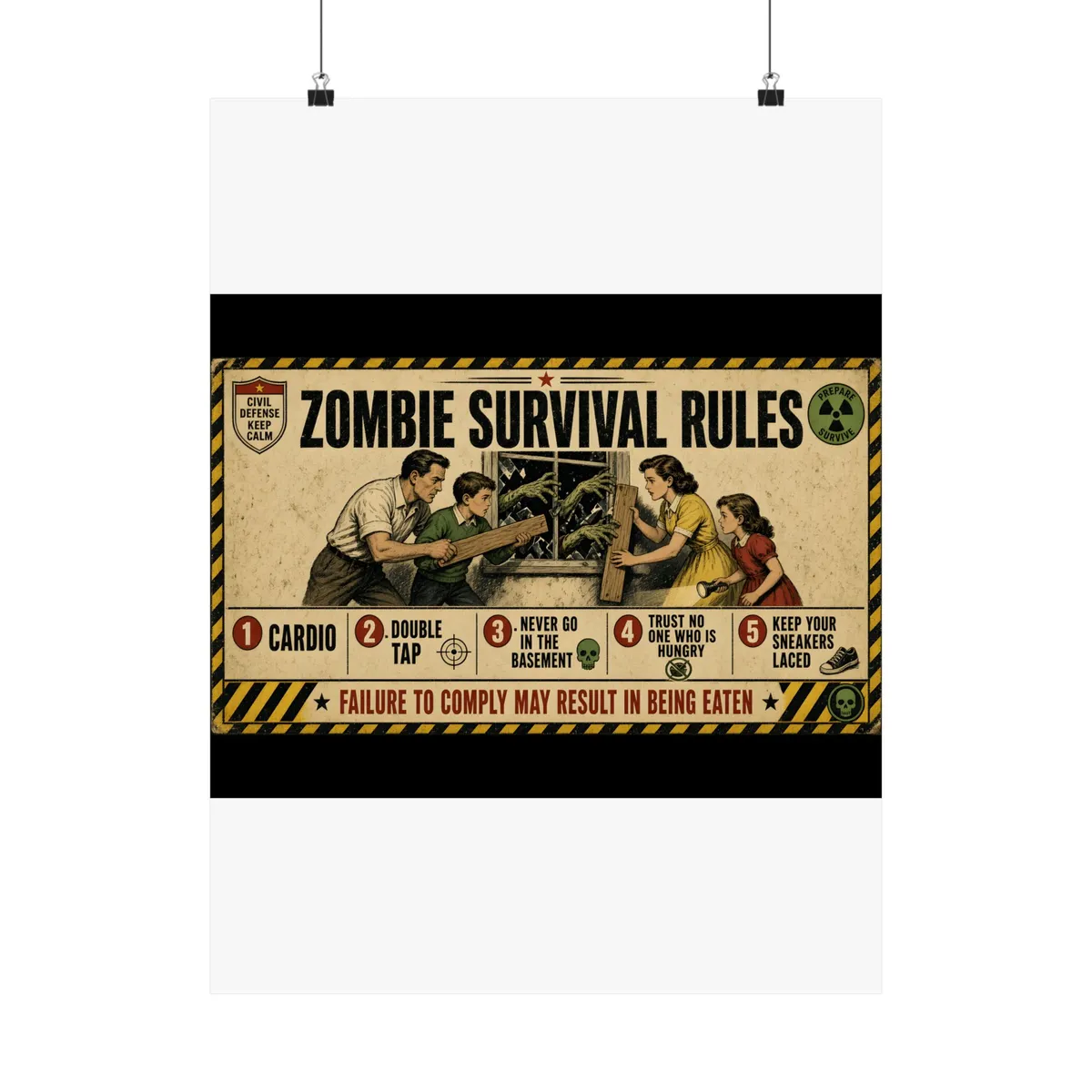 Zombie Survival Rules Poster: Vintage civil-defense bulletin on cream paper inside a yellow/black hazard-stripe border: OFFICIAL / ZOMBIE SURVIVAL / RULES, issued by the Zombiest Dept