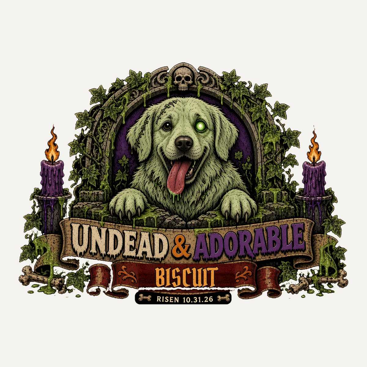 Print close-up of the sample Zombify portrait: zombie golden retriever in an ivy-covered tombstone frame