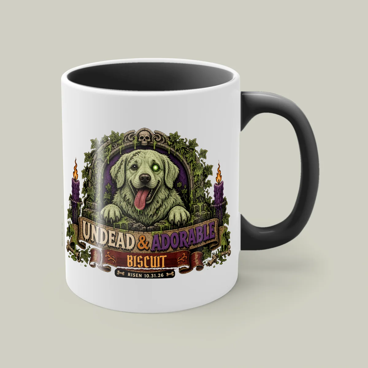 Zombify Me Custom Zombie Portrait Mug: a zombie pet portrait printed on a white 11 oz mug with a black handle