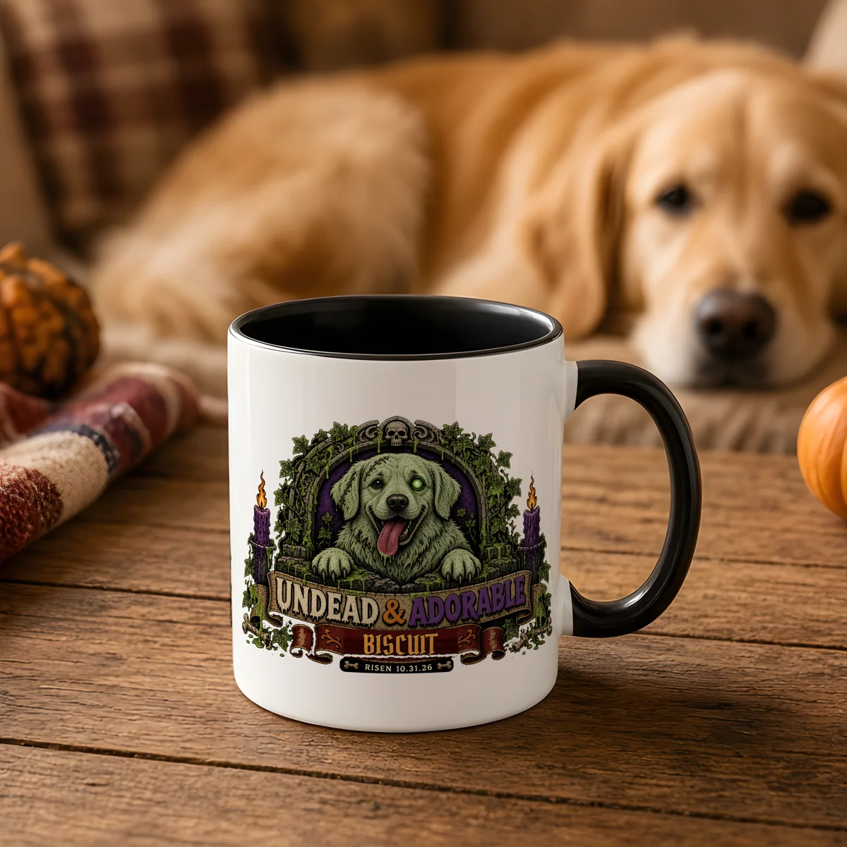 Zombify Me Custom Portrait Mug with the sample zombie dog portrait on a wooden table, a golden retriever relaxing behind it