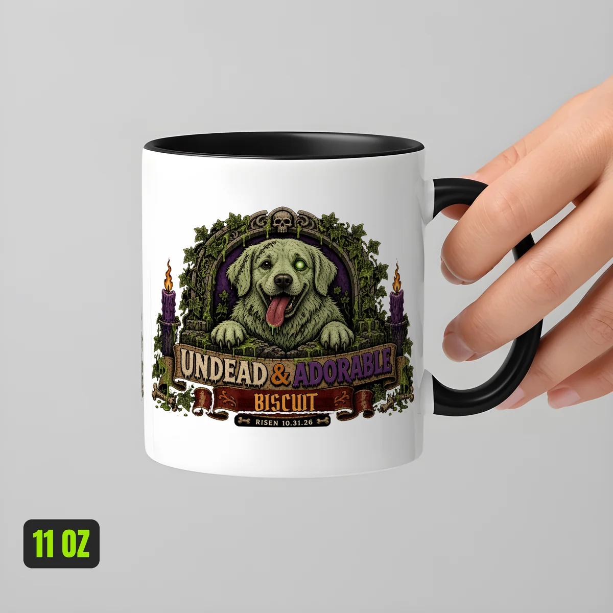 Zombify Me Custom Portrait Mug held in a hand to show the 11 oz size
